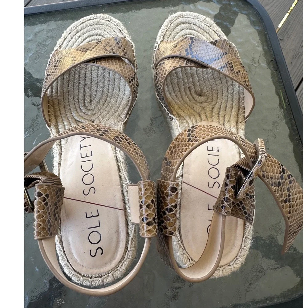 Sole Society Audrina Snakeskin Espadrille‎ Wedge Sandals Brown Womens 9M